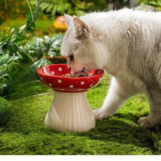 Mushroom Cat Feeding Bowl – Elevated Resin Pet Bowl for Food & Water, Neck Protection Design, Cute Home Décor