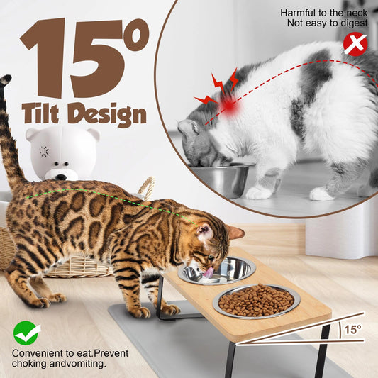 Elevated Pet Bowl Set – Stylish Wooden Stand with 2 Stainless Steel Bowls for Cats & Small Dogs