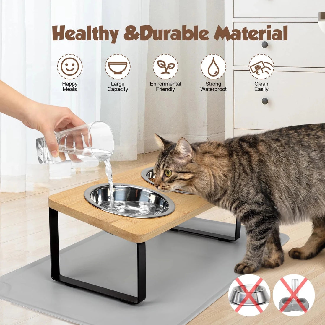 Elevated Pet Bowl Set: Wooden Stand, 2 Stainless Steel Bowls - Furvix