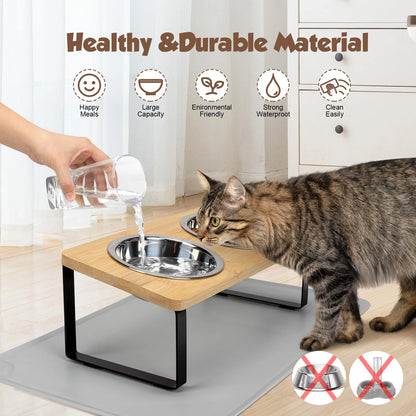 Elevated Pet Bowl Set – Stylish Wooden Stand with 2 Stainless Steel Bowls for Cats & Small Dogs