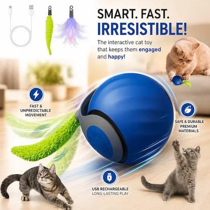 Blue and gray ball-shaped interactive cat toy with text highlighting features, surrounded by cats and toys.