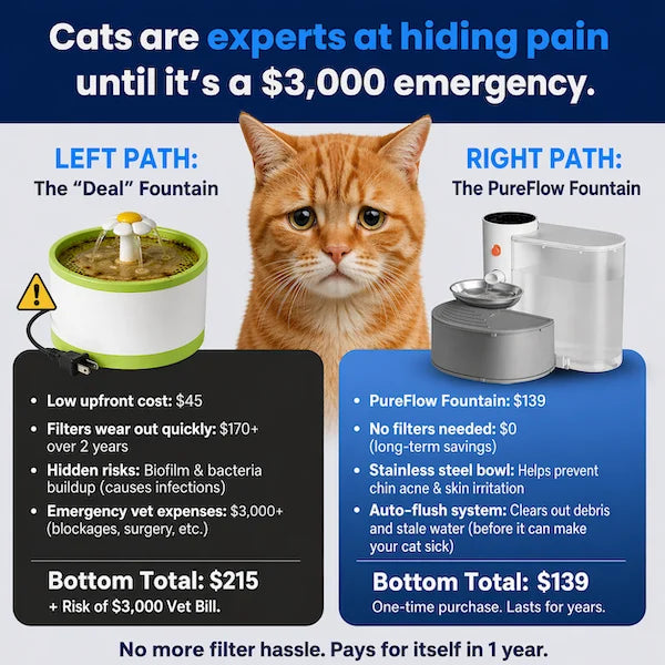 Comparison chart of two cat water fountains with a cat in the center, highlighting costs and benefits.