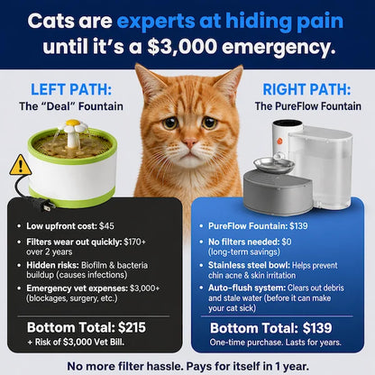 Comparison chart of two cat water fountains with a cat in the center, highlighting costs and benefits.