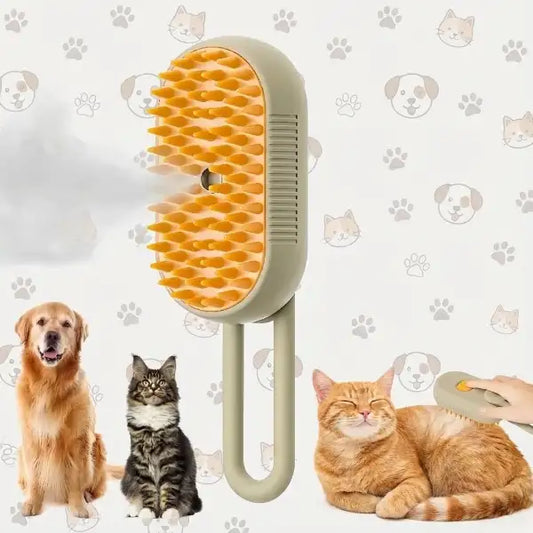 Pet grooming brush with a dog, cat, and kitten on a background with paw prints.